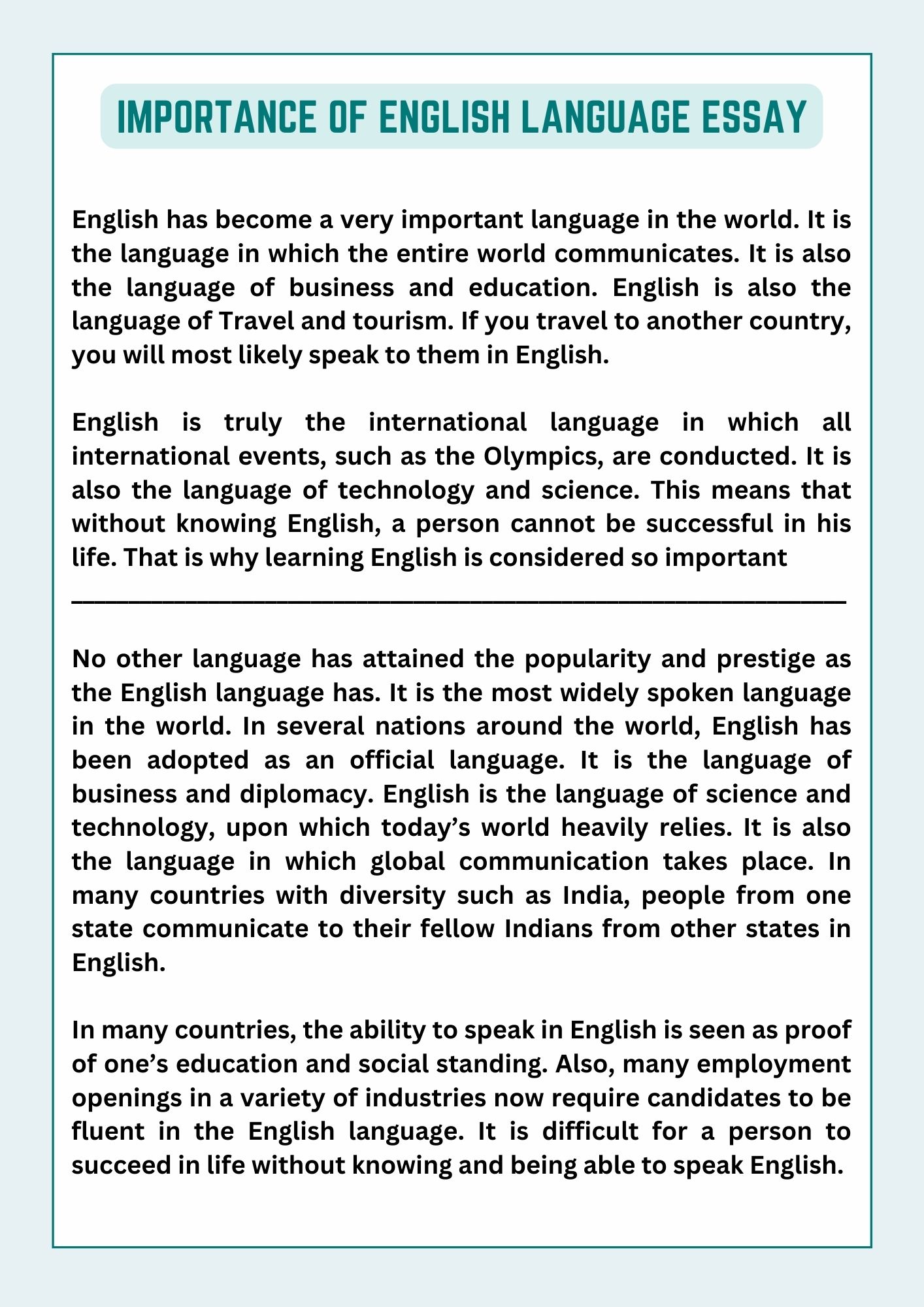 Importance Of English Language Essay 100 & 150 Words